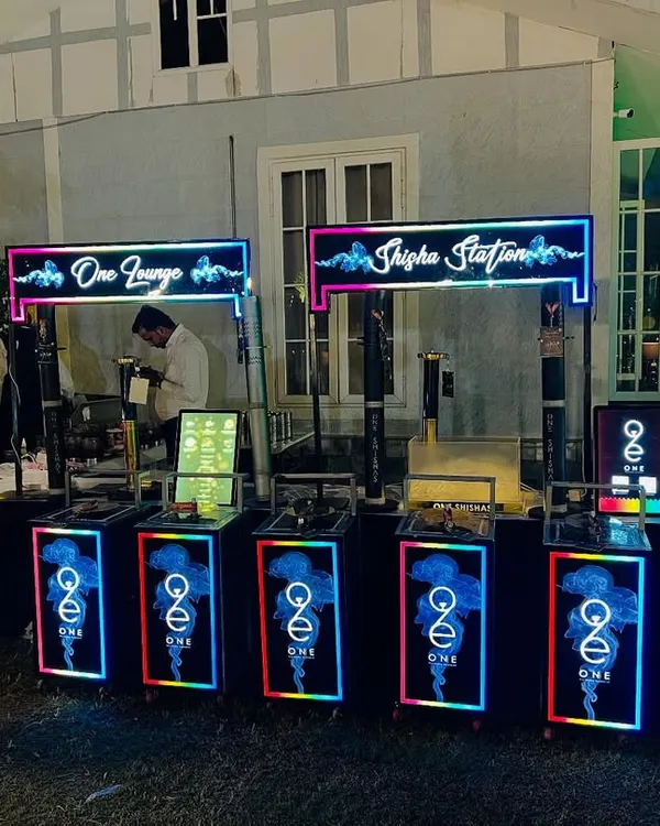 A full view of our "One Lounge" and "Shisha Station" setup, featuring modern LED counters that can be customized with different colors and effects.