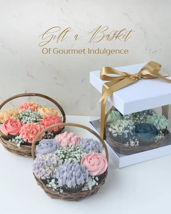 My Floral Cupcake Baskets are designed to be the ultimate gourmet gift. This image showcases two different color palettes, beautifully arranged and presented in a premium gift box with a satin ribbon.