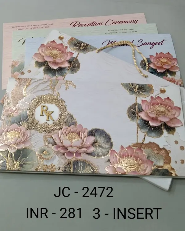 This unique invitation features a bag-style holder adorned with 3D lotus flowers and a custom monogram. The design is both functional and beautiful, with inserts for all your event details.