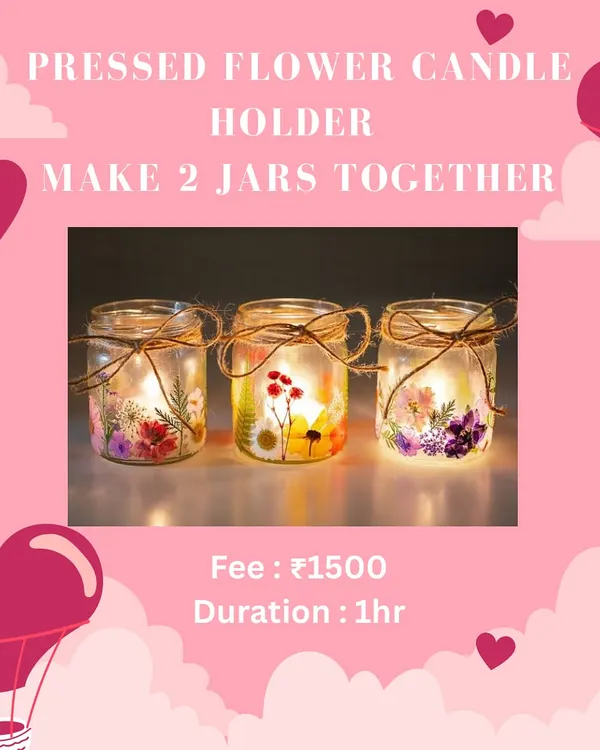 A promotional graphic for our pressed flower candle holder workshop, a quick and beautiful one-hour project.