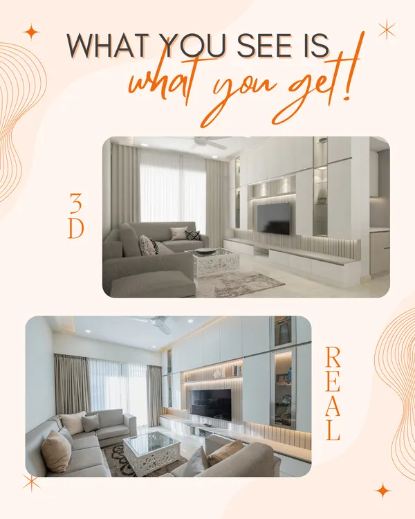 A side-by-side comparison of the 3D render and the actual photo of this minimalist living room. Our meticulous execution ensures the final space is exactly as envisioned.