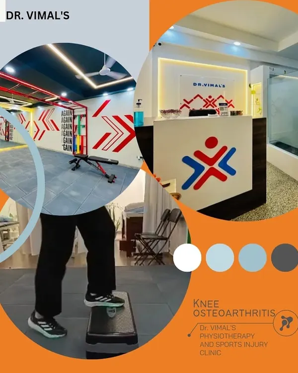 This graphic collage shows our clinic environment alongside a demonstration of a step-up exercise, a key movement for strengthening the muscles around the knee to manage osteoarthritis symptoms.