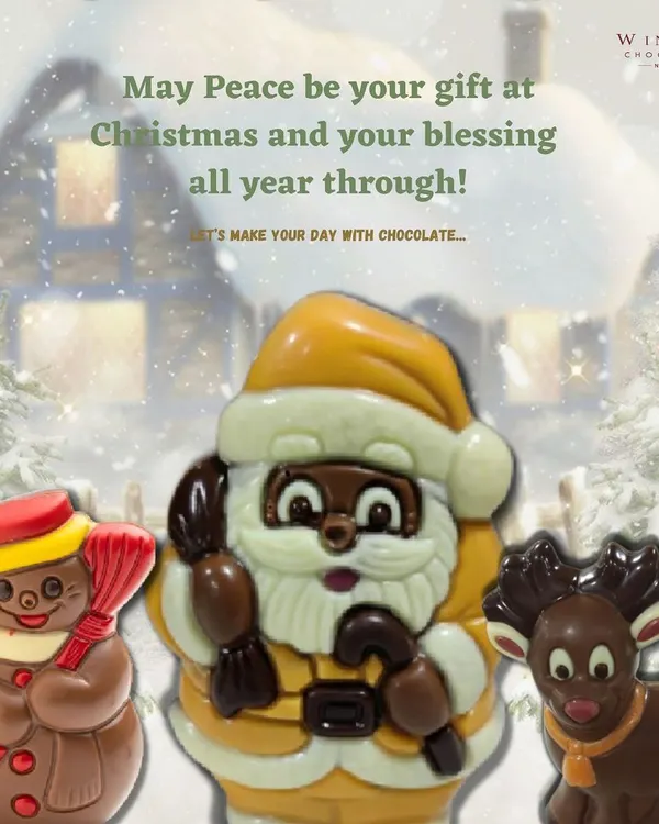 A festive trio of our Christmas-themed chocolate sculptures. This set includes a detailed Santa Claus, a snowman, and a reindeer, all handcrafted from milk, dark, and white chocolate.
