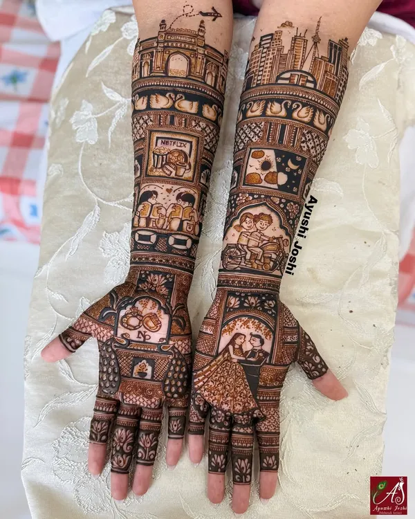 This is what I mean when I say your story becomes my art. We included everything from their Netflix dates and the Toronto skyline to the Mumbai Gateway, telling their entire journey on their hands for their special day.