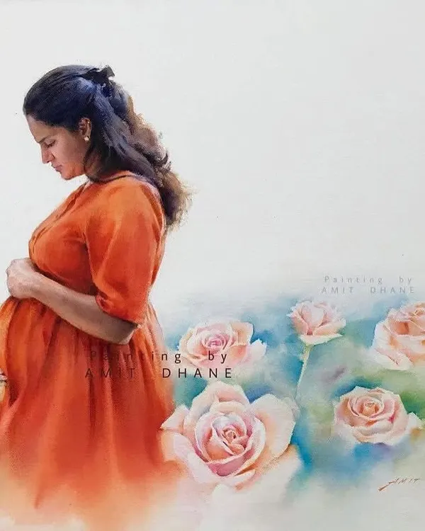 A commissioned watercolour painting celebrating the beautiful journey of motherhood. It is a privilege to capture such a personal and cherished moment for a family.