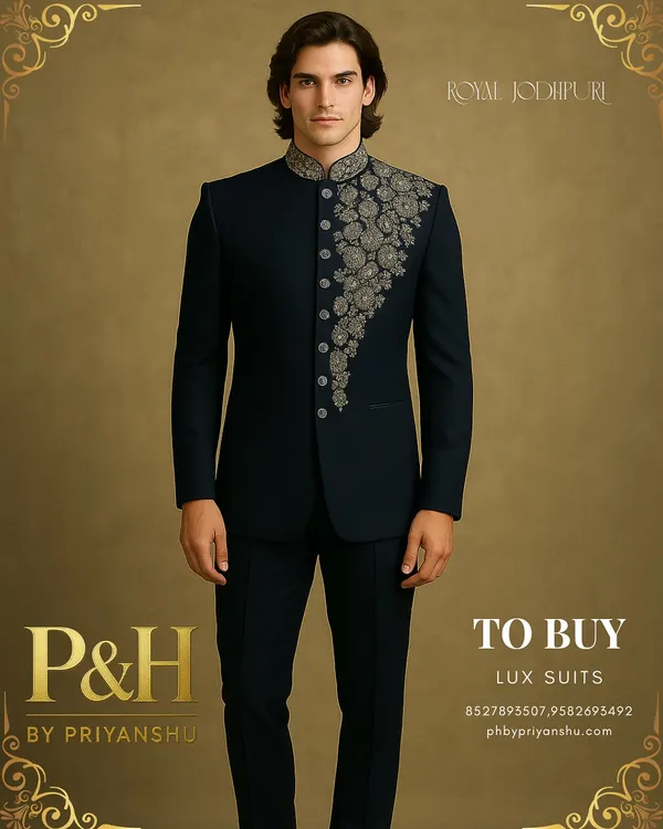 A full-length view of my dark navy blue royal Jodhpuri suit. The asymmetrical golden hand-embroidery is designed to draw the eye and create a dynamic, modern silhouette.