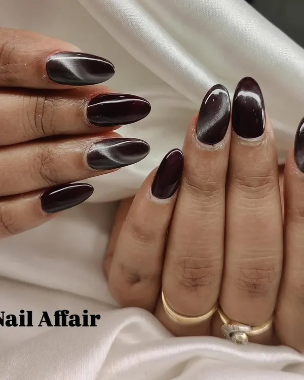 A dramatic and moody cat eye effect on dark, almond-shaped nails. The magnetic polish creates a stunning silver streak that shifts in the light.