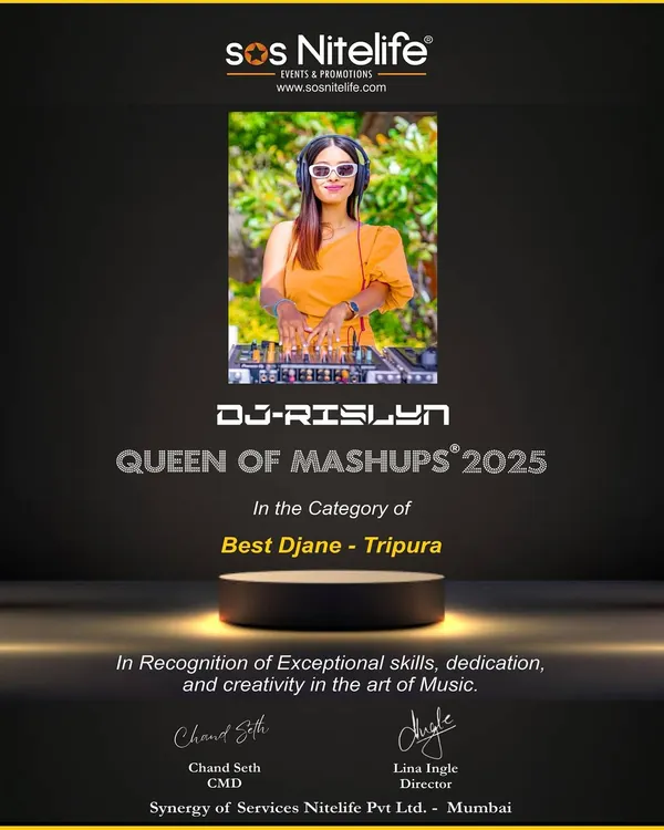 Honored to be recognized as 'Best Djane - Tripura' by SOS Nitelife for the second year in a row. This award is dedicated to all the DJs from smaller states who are struggling for a stage and an opportunity.