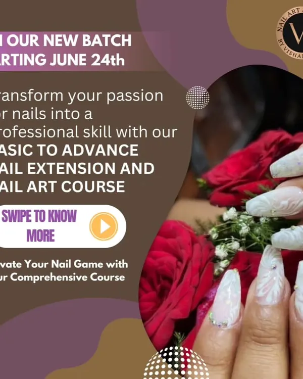 A promotional graphic for our Basic to Advance Nail Extension and Nail Art Course. We offer comprehensive training to help you transform your passion for nails into a professional skill.