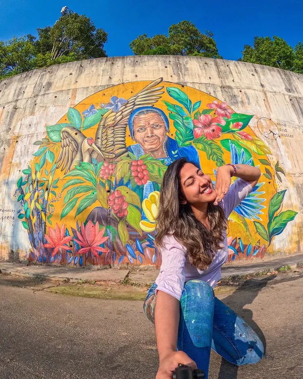 This is my Shakti. Pouring my heart into this mural in Coorg, titled 'My Kodavathi Beauty', was a spiritual experience. It’s a tribute to the local women who work in the coffee estates, capturing their strength and the vibrant nature that surrounds them. This is the kind of storytelling I love to bring to public spaces.