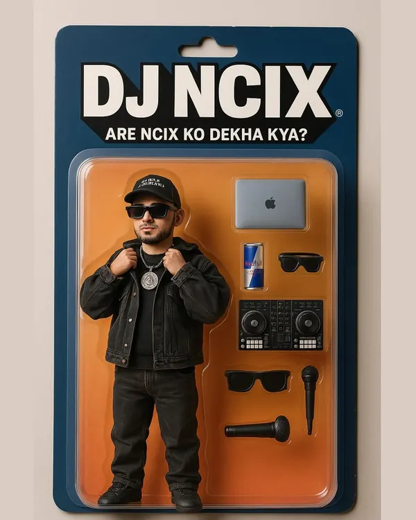 Action Figure Today, Headline Tomorrow. A creative and professional branding shot that captures my persona and the tools of my trade: a laptop, mixer, mic, and Red Bull.