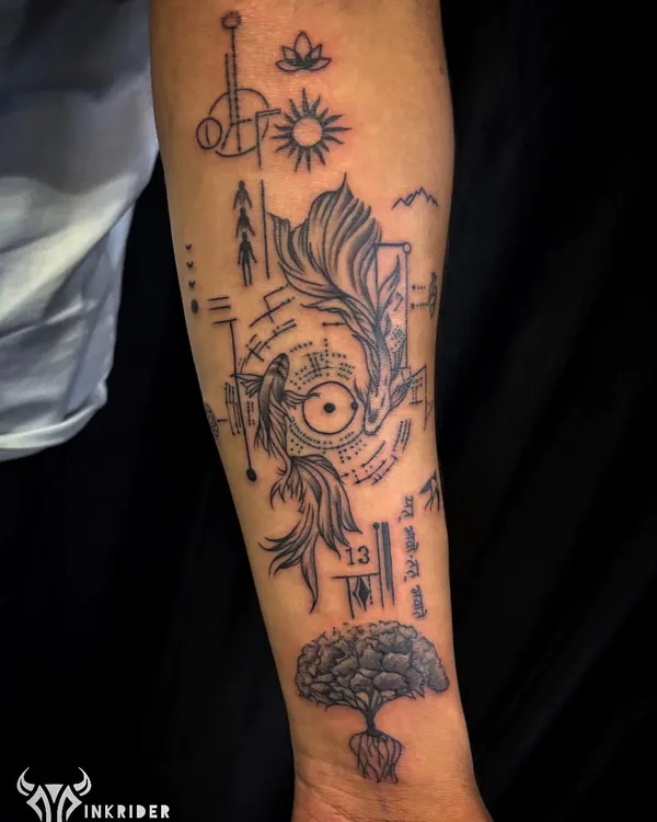 This is what we mean by a story in ink. We designed this custom forearm piece to blend nature, spirituality, and geometry into a personal narrative. It features yin-yang fish for balance, a tree of life, and other symbols that hold deep meaning for the client, all connected with intricate linework.