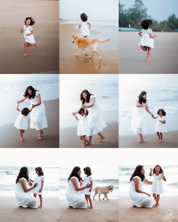 A collage showing the story of a day at the beach. From running free along the shoreline to dancing with mom and sharing secrets, this series captures the full range of emotions and interactions that make a family photoshoot special.