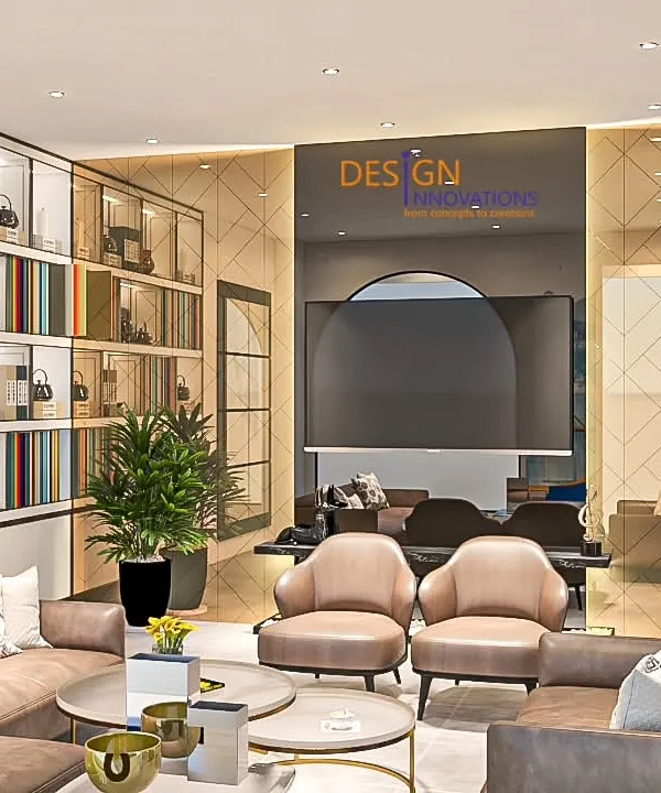 This corporate lounge is designed to be the heart of the office, a versatile space for informal meetings, collaboration, or quiet work. The large bookshelf and comfortable seating create a sophisticated, library-like feel that encourages both productivity and relaxation.