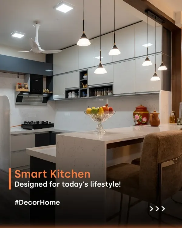 This U-shaped kitchen is where style meets smart space planning. We designed the quartz island to double as a cozy dining nook, perfect for family meals. With sleek dual-tone cabinets, integrated smart storage, and warm pendant lighting, we proved that even compact areas can feel spacious and luxurious.