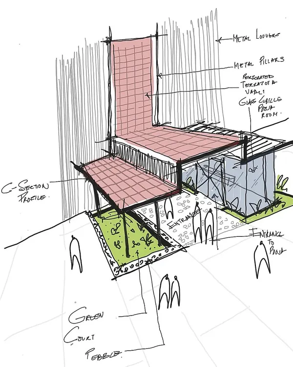 A preliminary concept sketch for a school entrance. Our idea was to redefine the space using the earthiness of terracotta and the serenity of a landscape, showing how we begin to visualize materials and form early in the process.