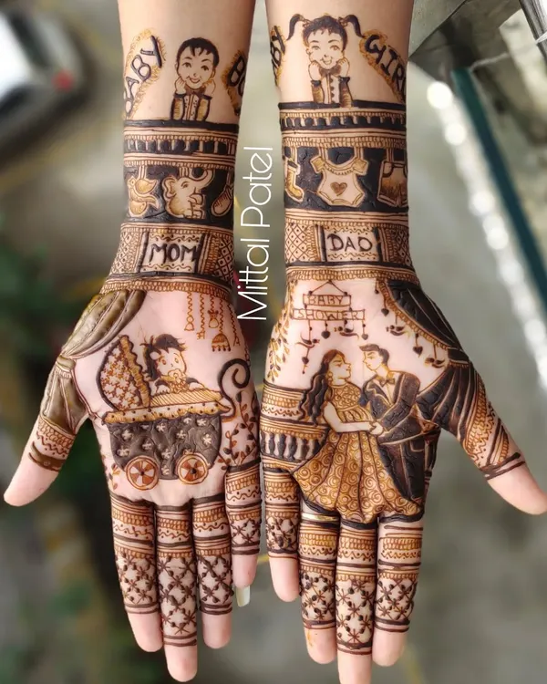 This detailed maternity mehndi tells a complete story. It features portraits of the couple, a baby in a pram, and even dedications to "Mom" and "Dad" with cute baby figures on the arms.