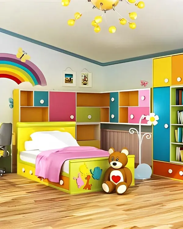 A vibrant and colorful kids' room designed to inspire creativity. This render features a rainbow wall mural, multi-colored storage cabinets, and a matching bed and desk set, creating a cheerful and organized space.