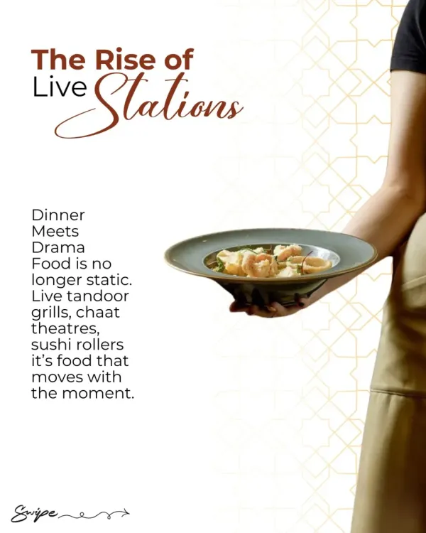 Food is no longer static. We believe in creating dinner and drama with live tandoor grills, chaat theatres, and sushi rollers, offering food that moves with the moment and engages your guests.