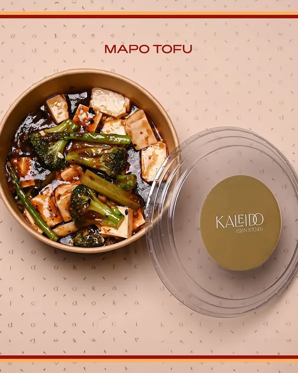 My Mapo Tofu, packaged and ready for delivery. This dish features my house-made silken tofu and fresh broccoli in a rich, spicy black bean and Sichuan peppercorn sauce.