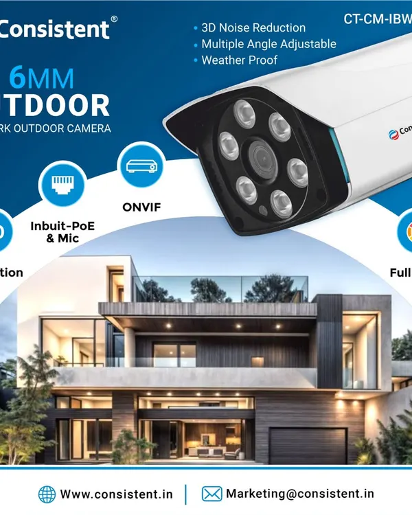 This 6MP Network Outdoor Camera is designed for superior performance in any environment. It is fully weatherproof and features 3D Noise Reduction for clearer images, an inbuilt microphone, and Power-over-Ethernet for a streamlined setup.
