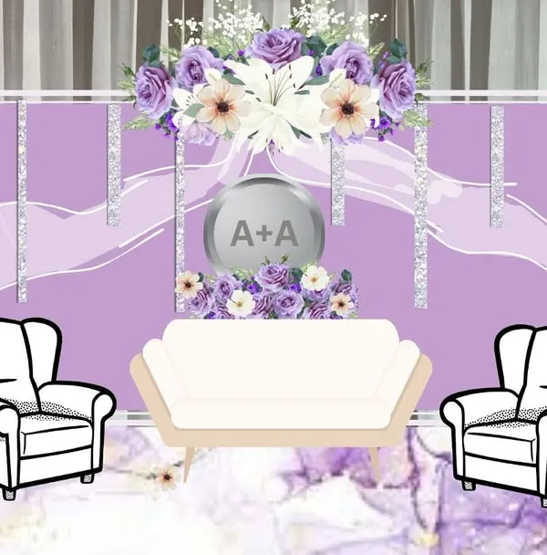 A digital mock-up of a sophisticated reception stage in lavender and silver, showing the placement of seating, backdrops, and floral decor.