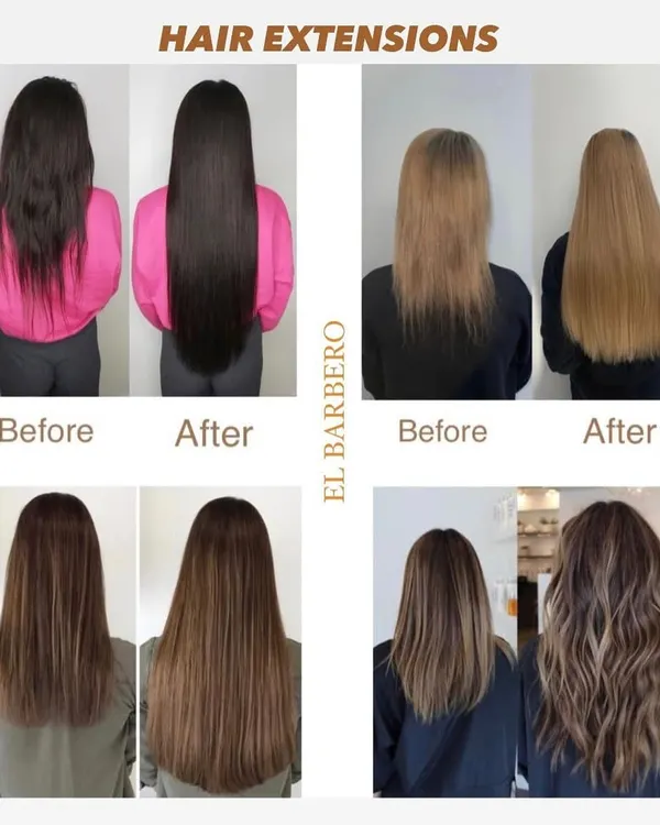 This collage shows several before and after examples of our permanent hair extensions. You can see the incredible difference in both length and volume.
