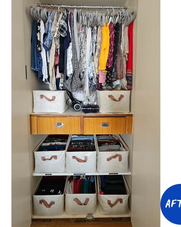 The 'after' of a complete wardrobe reset. We maximized the hanging space and used labeled bins to create a system where our client can see everything she owns, making getting dressed a joyful experience.