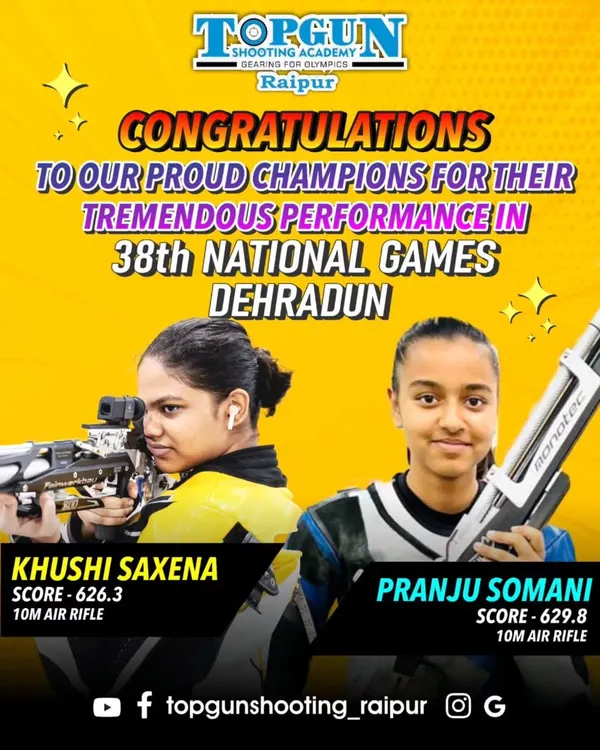 A huge congratulations to our shooters from the Raipur branch, Khushi Saxena and Pranju Somani, for their tremendous performance in the 10m Air Rifle event at the 38th National Games in Dehradun.