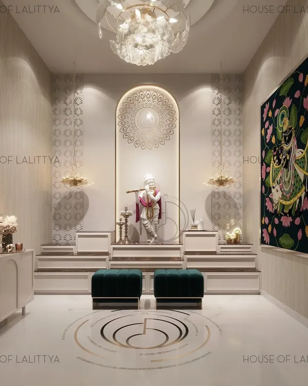 More than a mandir, it’s a feeling. This design concept features a serene space with an intricately detailed arch, a custom floor inlay, and soft, ambient lighting to create a quiet pulse of devotion within the home.