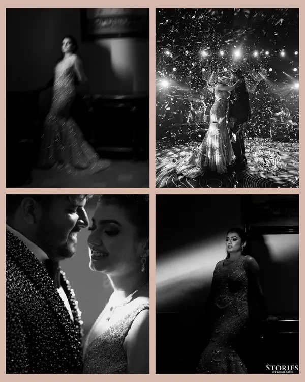 A collage of black and white images from Harshit and Kritika's cocktail night, capturing the mood, intimacy, and energy of the party.