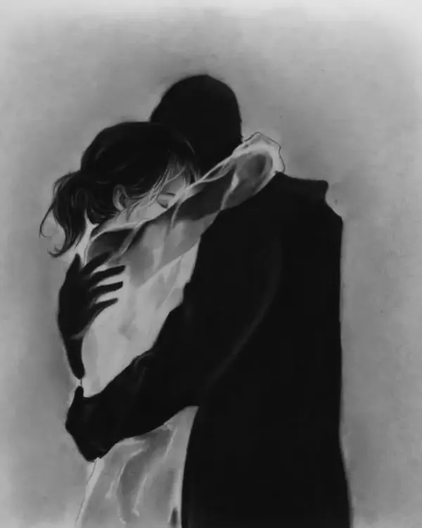 A charcoal sketch capturing the intimacy and comfort of a tight hug. I used strong contrast between light and shadow to emphasize the feeling of finding a safe haven in an embrace.