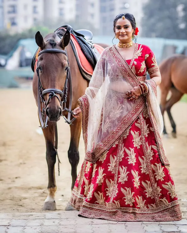 We provide a majestic setting for pre-wedding photoshoots. This bride captures a timeless moment with one of our calm and experienced horses, creating a truly regal portrait.