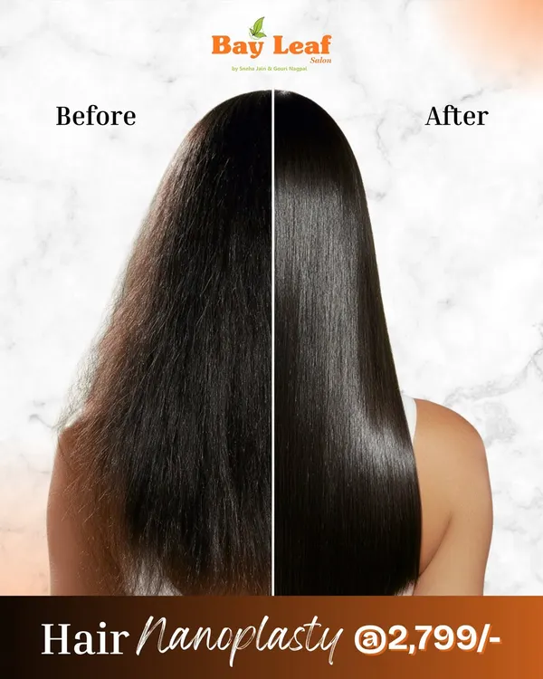 This is the transformation that gets everyone talking. On the left, you see hair that's frizzy and hard to manage. On the right, the result of my Nanoplasty treatment: perfectly smooth, straight hair with a brilliant, mirror-like shine. This is what I mean by flawless.