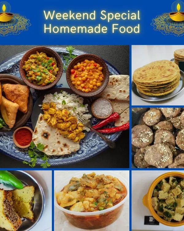 This is what a special homemade meal looks like. I can prepare a complete spread for your weekend gatherings, festivals, or parties, including everything from main courses like Undhiyu to snacks like Samosas and Khaman.
