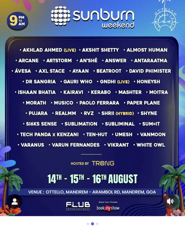 The massive lineup for Sunburn Weekender in Goa. I was super excited to be part of this Independence Weekend celebration, headlined by techno powerhouse Pablo Ferreira.