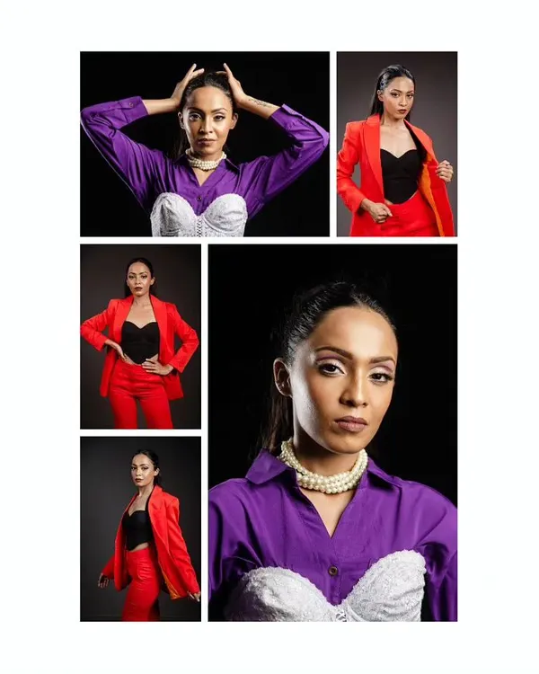 A collage from a model's studio shoot, showcasing different looks and powerful poses. My studio sessions are designed to be easy and creative, resulting in a diverse portfolio.