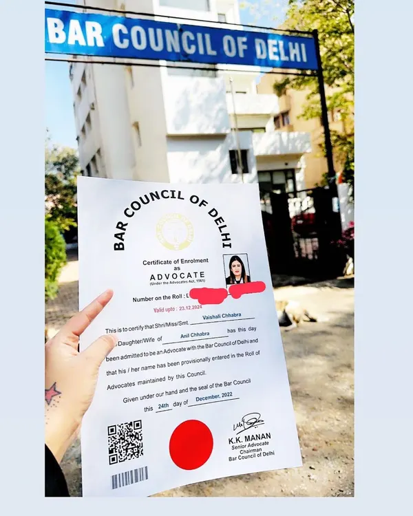 A pivotal moment in my career. This is my Certificate of Enrollment with the Bar Council of Delhi, officially marking my entry into the legal profession as an advocate.