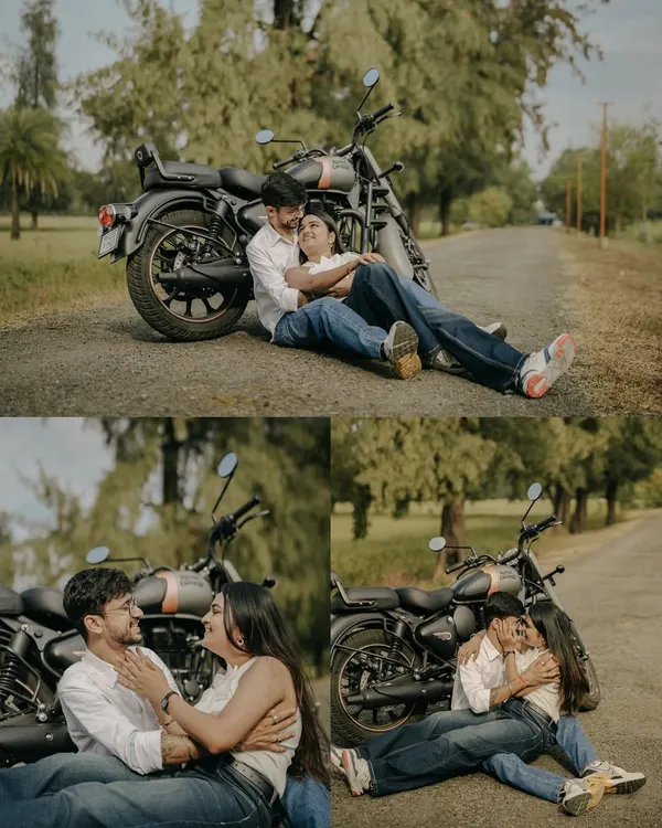 A collage of love on two wheels. These moments from a Royal Enfield pre-wedding shoot capture the couple's adventurous spirit and intimate connection on the open road.