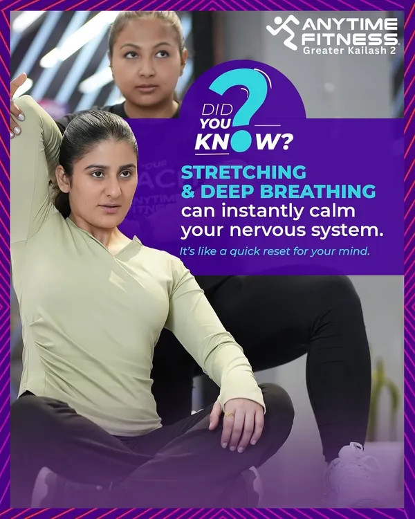 Did you know that stretching and deep breathing can instantly calm your nervous system? This is a core part of our philosophy. We believe in workouts that strengthen your body and reset your mind, like this moment captured from one of our guided stretching sessions.