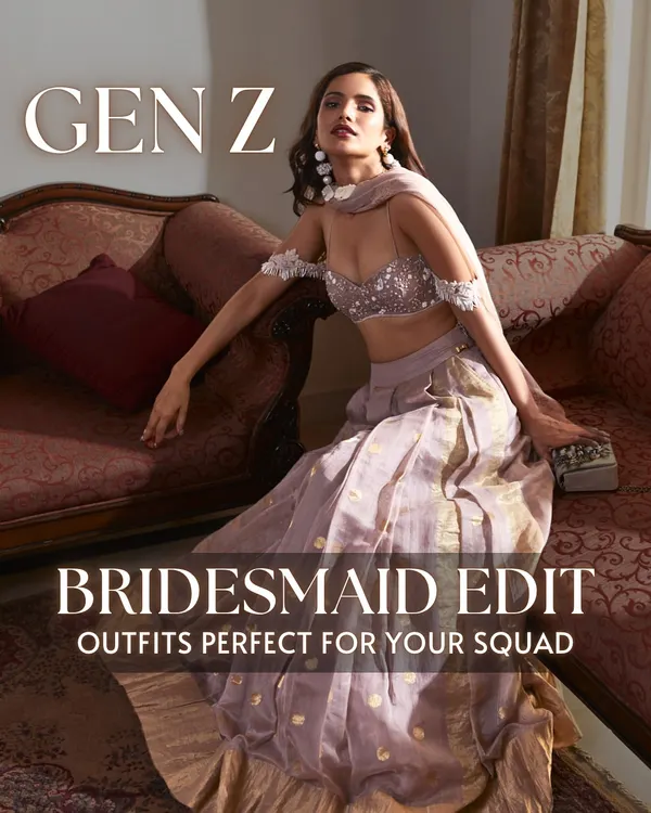 This is our Gen Z Bridesmaid Edit, featuring trendy and chic outfits perfect for the entire bride squad. This lavender lehenga with a sequined bralette and off-shoulder detail is a modern choice for a sangeet or reception.