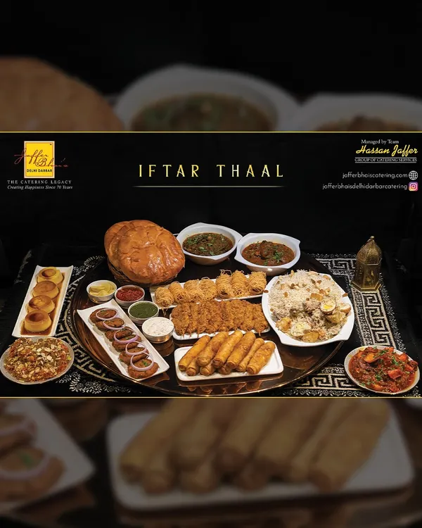 Our signature Iftar Thaal is a grand platter designed for sharing. It includes a variety of starters, a main course like biryani, curries, breads, and desserts, making it a complete festive meal.