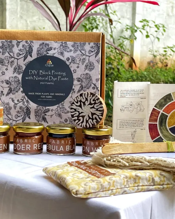Our DIY Block Printing Kit comes with everything you need to create beautiful patterns on fabric. It includes natural dye pastes, a hand-carved wooden block, and organic cotton fabric for you to practice on.