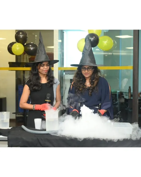 Our instructors, dressed for the occasion, prepare for a science show. We handle every detail, ensuring our demonstrations are not only spectacular but also conducted safely and professionally.