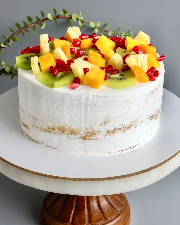 My Fresh Fruit Naked Cake is a celebration of seasonal goodness. I layer a soft vanilla sponge with silky diplomat cream and top it with a vibrant mix of fresh fruits like kiwi, pomegranate, and mango.
