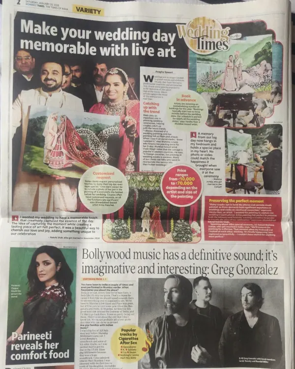 We were thrilled to be featured in the Wedding Times section of the Times of India, discussing the art of live wedding painting.