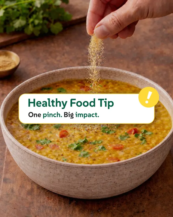 One pinch can make a big impact. Here, we're sprinkling a bit of spice over a bowl of freshly cooked dal. This image highlights our healthy food tip about using simple, traditional ingredients to enhance both flavour and nutrition in everyday cooking.