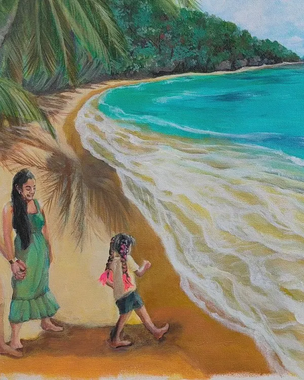 A closer look at the family in the "Beach Panorama" painting. My goal was to capture the easy, happy connection between them as they walk along the shore.