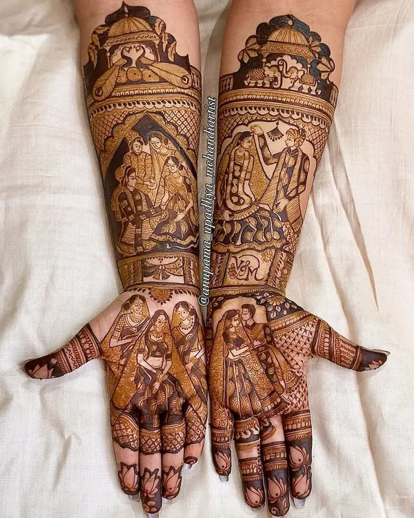 This is my style of Bridal Mehandi, where every element tells a part of the couple's story. This full bridal design features intricate wedding scenes, from the jaimala ceremony to family moments, all woven together into a beautiful narrative on the bride's arms.
