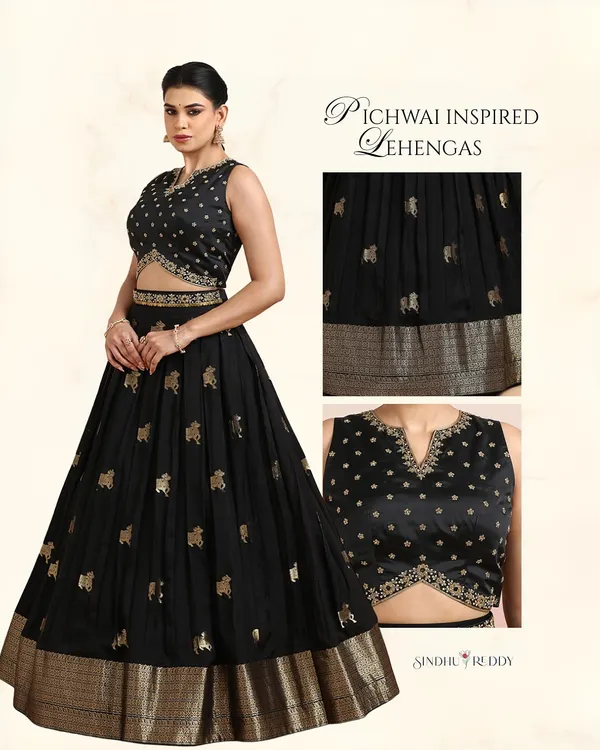 Our Pichwai-inspired lehengas are a blend of heritage and modern elegance. This graphic showcases the intricate golden motifs and the chic cut-out blouse of our black lehenga.